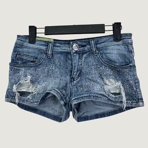 Machine Jeans Denim Shorts Size 26 Blue Rhinestone Distressed Y2K McBling